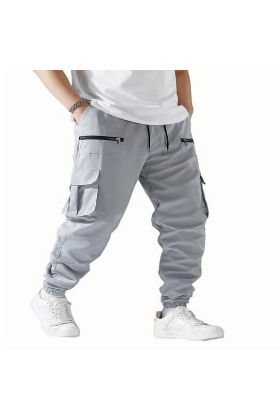 Men's Techwear Functional Pants Solid Color Large Zipper Pocket Cargo Loose Wide Leg Floor Length Streetwear Bottoms Gray XL