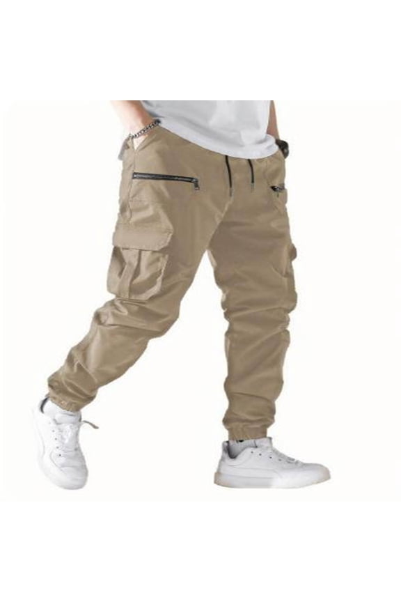Men's Techwear Functional Pants Solid Color Large Zipper Pocket Cargo Loose Wide Leg Floor Length Streetwear Bottoms Khaki S