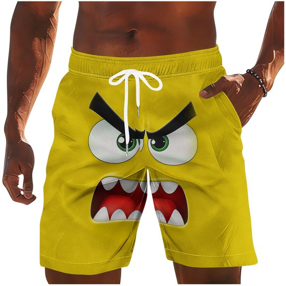BVnarty Men's Trendy Monster Face Print Swim Trunks Elastic Waist Drawstring Storage Pockets Breathable Quick Dry Vacation Beach Daily Lounge Shorts Yellow M