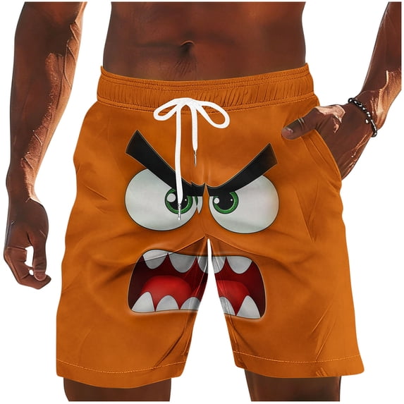 BVnarty Men's Trendy Monster Face Print Swim Trunks Elastic Waist Drawstring Storage Pockets Breathable Quick Dry Vacation Beach Daily Lounge Shorts Orange XXL