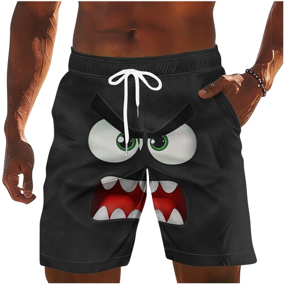 BVnarty Men's Trendy Monster Face Print Swim Trunks Elastic Waist Drawstring Storage Pockets Breathable Quick Dry Vacation Beach Daily Lounge Shorts Black M