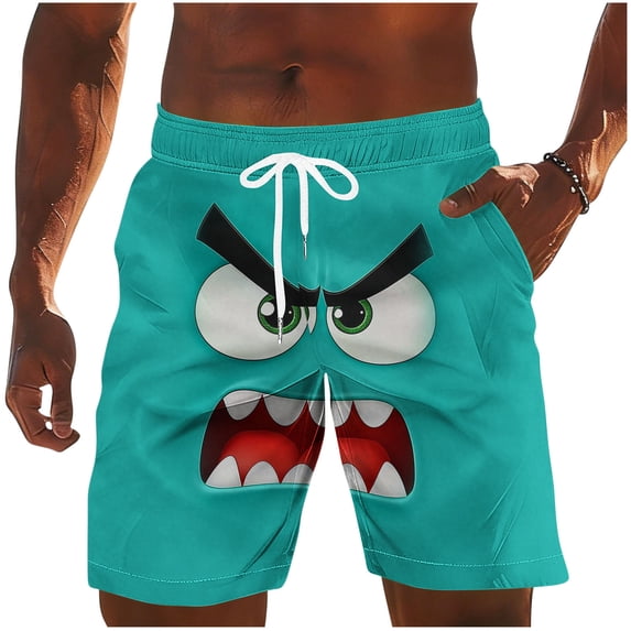 BVnarty Men's Trendy Monster Face Print Swim Trunks Elastic Waist Drawstring Storage Pockets Breathable Quick Dry Vacation Beach Daily Lounge Shorts Light Blue S