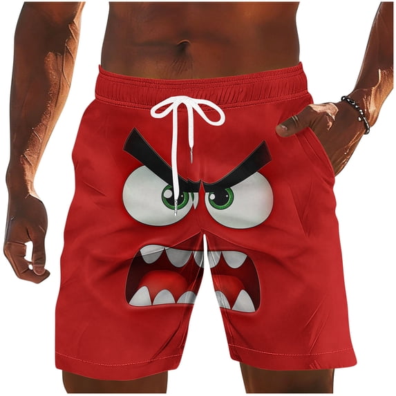 BVnarty Men's Trendy Monster Face Print Swim Trunks Elastic Waist Drawstring Storage Pockets Breathable Quick Dry Vacation Beach Daily Lounge Shorts Red XXL