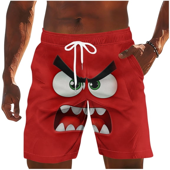 BVnarty Men's Trendy Monster Face Print Swim Trunks Elastic Waist Drawstring Storage Pockets Breathable Quick Dry Vacation Beach Daily Lounge Shorts Red L