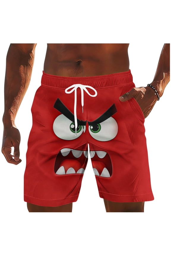 Men's Trendy Monster Face Print Swim Trunks Elastic Waist Drawstring Storage Pockets Breathable Quick Dry Vacation Beach Daily Lounge Shorts Red L