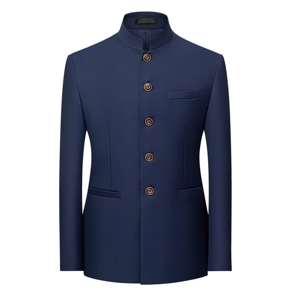 BVnarty Men's Tunic Suits Mandarin Collar Formal Suit Jacket Solid Slim Fit Front Button Blazer Traditional Uniform (Dark Blue,XXL)