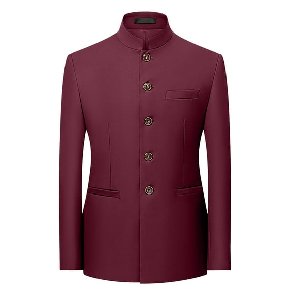 BVnarty Men's Tunic Suits Mandarin Collar Formal Suit Jacket Solid Slim Fit Front Button Blazer Traditional Uniform (Wine,XXXL)