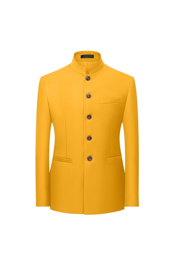 Men's Tunic Suits Mandarin Collar Formal Suit Jacket Solid Slim Fit Front Button Blazer Traditional Uniform (Yellow,XXL)