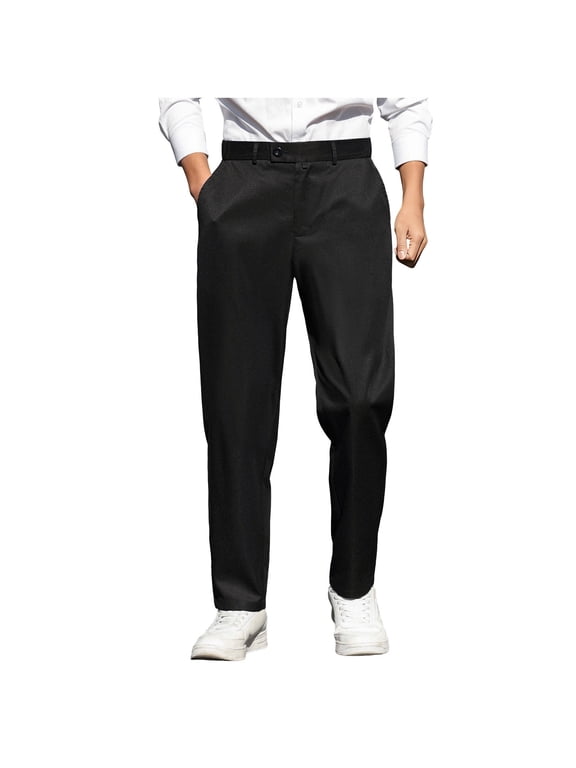 Men's Unique Waist Detail Dress Pants, Solid Straight Leg Business Trousers for Formal Meetings & Casual Business Events Black S