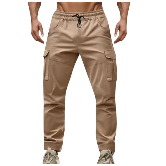 BVnarty Men's Vintage Cargo Long Pants Solid Color Casual Retro Drawstring Waist Pockets Comfortable Streetwear Trousers Khaki S