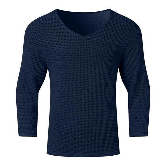 BVnarty Men's Waffle Knit Long Sleeve V-Neck T-Shirt Thermal Top Basic Shirts Navy XL