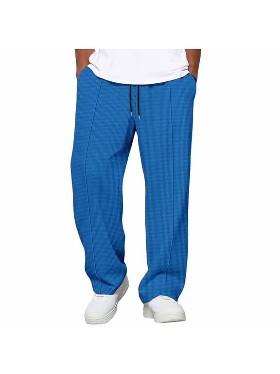 Men's Waffle Knit Sporty Casual Pants, Solid Drawstring Waist Straight Leg Pocket Trousers for Relaxed Sport Daily Wear Blue L