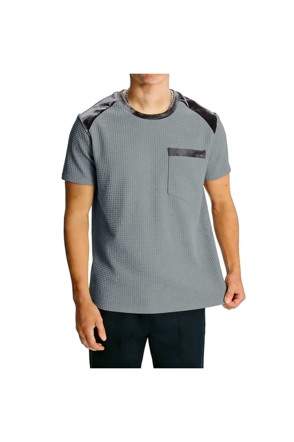 Men's Waffle Knit Velvet Patchwork Henley T-Shirt Short Sleeve Crew Neck Soft Casual Pullover Top for Summer Home Gym Daily Leisure Wear Gray M