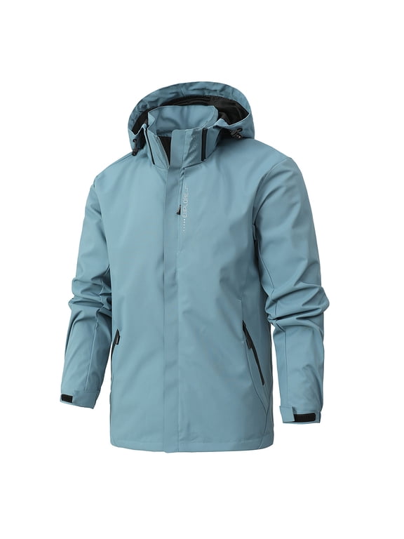 Men's Waterproof Windproof Jacket Lightweight Hooded Raincoat Outdoor Hiking (Sky Blue,L)