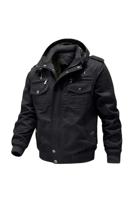Men's Winter Jacket Fleece Lined Warm Hooded Cotton Jacket Outdoor Thick Windproof Warm Military Army Coat Large Size Black XXL