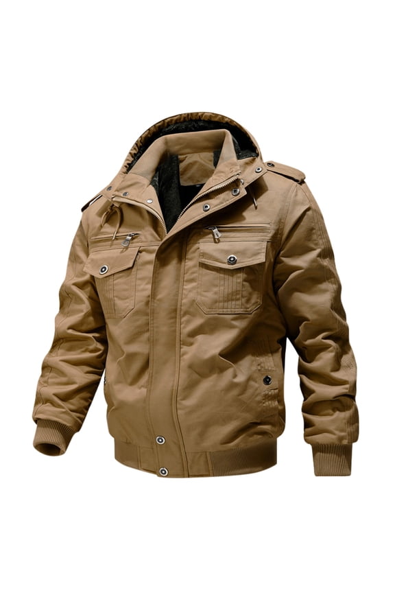 Men's Winter Jacket Fleece Lined Warm Hooded Cotton Jacket Outdoor Thick Windproof Warm Military Army Coat Large Size Khaki XXXXXL