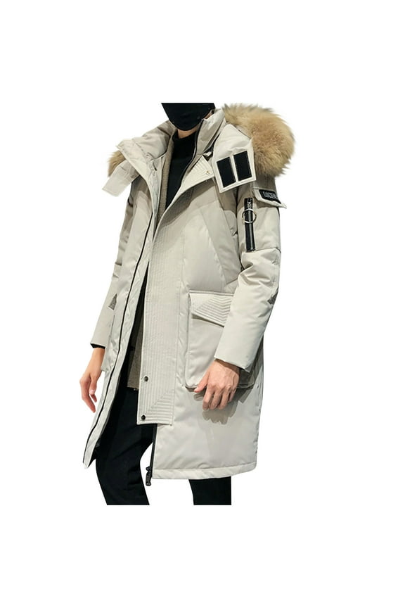 Men's Winter Parka Coat Faux Fur Hood Thick Warm Long Sleeve Jacket Outerwear Overcoat (Beige,L)