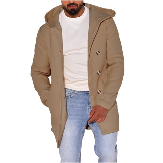 BVnarty Men's Winter Warm Long Sleeve Turn-Down Collar Button Down Hooded Wool Blend Overcoat Trench Coat Jacket with Pockets Khaki L