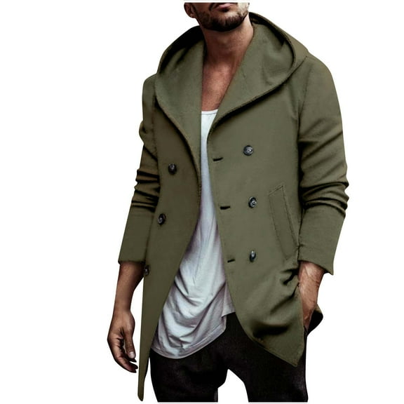 BVnarty Men's Winter Wool Blend Peacoat Mid-Length Slim Fit Turndown Collar Double Breasted Warm Outwear Trench Overcoat with Two Welt Pockets Army Green XL