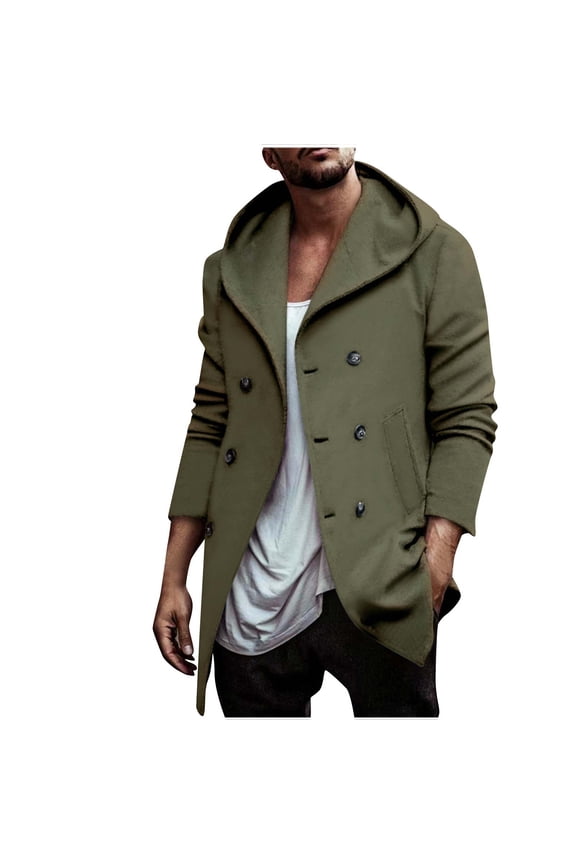 Men's Winter Wool Blend Peacoat Mid-Length Slim Fit Turndown Collar Double Breasted Warm Outwear Trench Overcoat with Two Welt Pockets Army Green XL