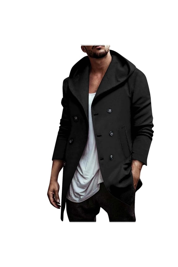 Men's Winter Wool Blend Peacoat Mid-Length Slim Fit Turndown Collar Double Breasted Warm Outwear Trench Overcoat with Two Welt Pockets Black M