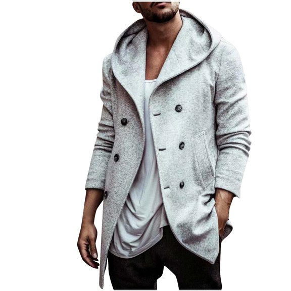 BVnarty Men's Winter Wool Blend Peacoat Mid-Length Slim Fit Turndown Collar Double Breasted Warm Outwear Trench Overcoat with Two Welt Pockets Gray XL