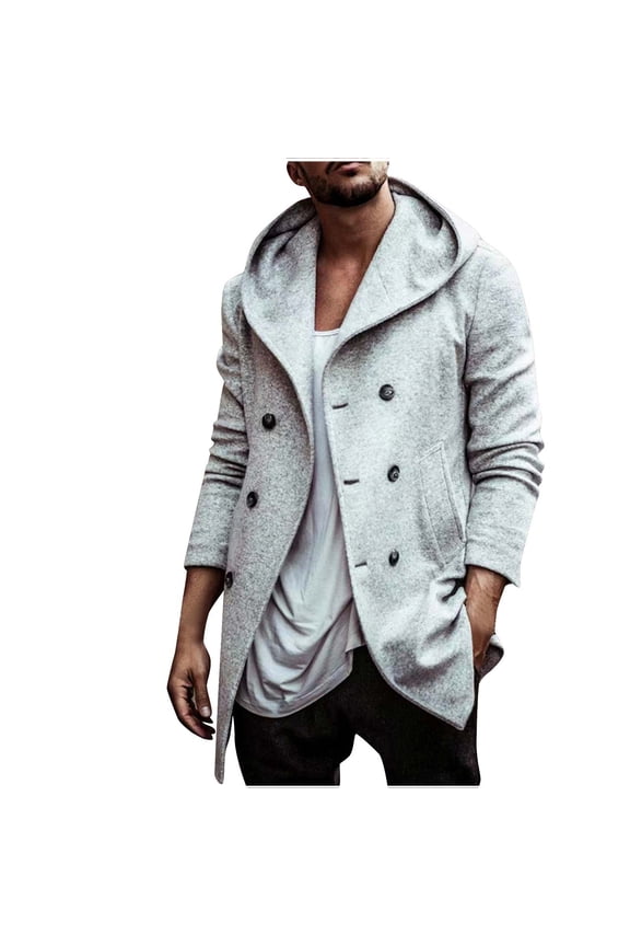 Men's Winter Wool Blend Peacoat Mid-Length Slim Fit Turndown Collar Double Breasted Warm Outwear Trench Overcoat with Two Welt Pockets Gray XXL