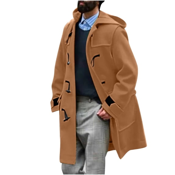 BVnarty Men's Winter Wool Blend Peacoat Notched Lapel Warm Thickened Double-Breasted Long Overcoat with Hood Gold XXXXL