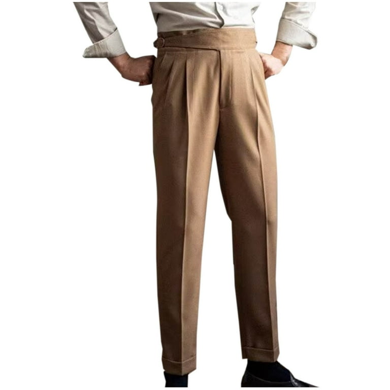 BVnarty Men s Wool Blend Vintage Style High Waist Pleated Straight Leg Dress Pants with Belt Loops Khaki XXL