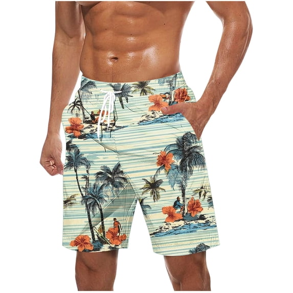 BVnarty Men's al Beach Mixed Print Board Shorts Elastic Waist Drawstring Side Pockets Quick Dry Breathable Summer Vacation Outdoor Casual Shorts Beige M