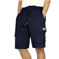 thumbnail image 1 of BVnarty Mens Cargo Shorts Solid Color Seamless Waistband Drawstring Knee Length Shorts with Pockets Navy L, 1 of 6