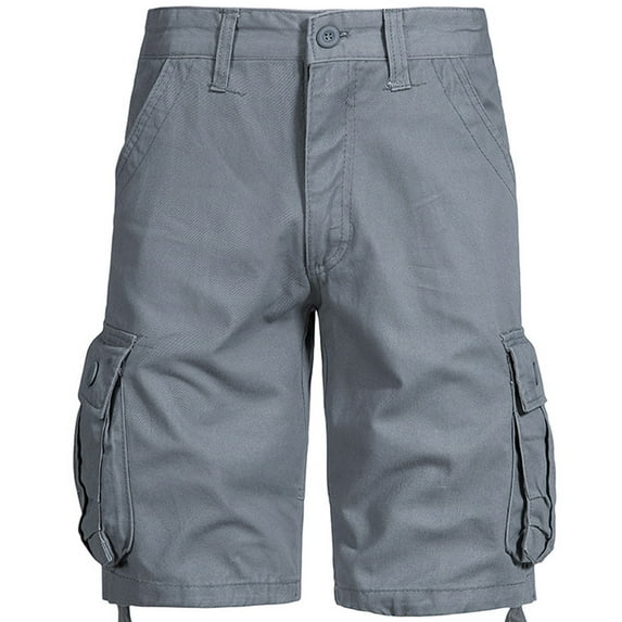 BVnarty Mens Cotton Cargo Shorts Below Knee Length Shorts Solid Color Rigid Waist Belt with Pockets Gray S