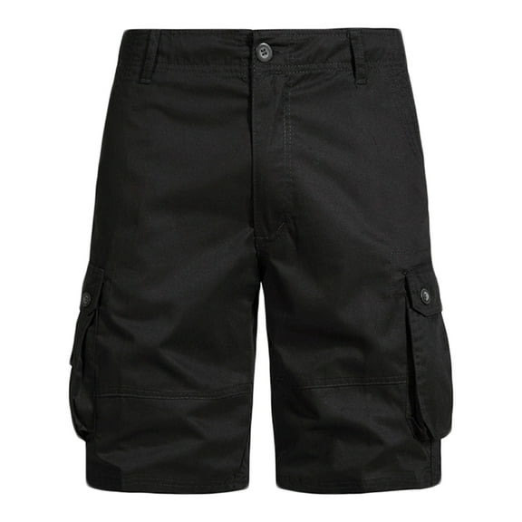 BVnarty Mens Cotton Cargo Shorts Below Knee Length Shorts Solid Color Rigid Waist with Pockets A-Black M