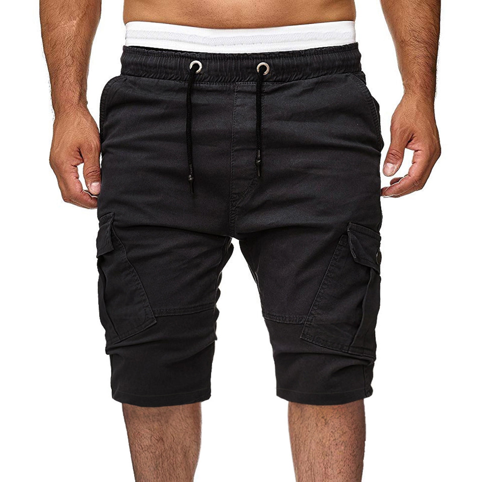 BVnarty Mens Cotton Cargo Shorts Elastic Waist Solid Color Below Knee