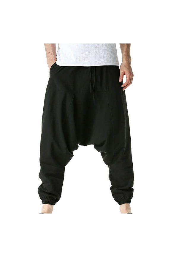 Mens Harem Pants Casual Baggy Cotton Linen Drawstring Hippie Boho Harem Pants Japanese Drop Crotch Trousers with Pockets (Black,XXL)