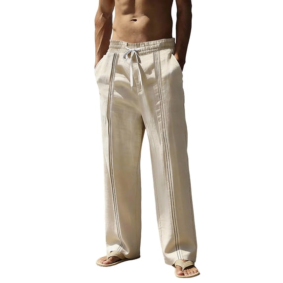BVnarty Mens Linen Pants Casual Lightweight Solid Color Summer Beach Pants Elastic Waist Drawstring Vacation Trousers with Pockets Khaki M