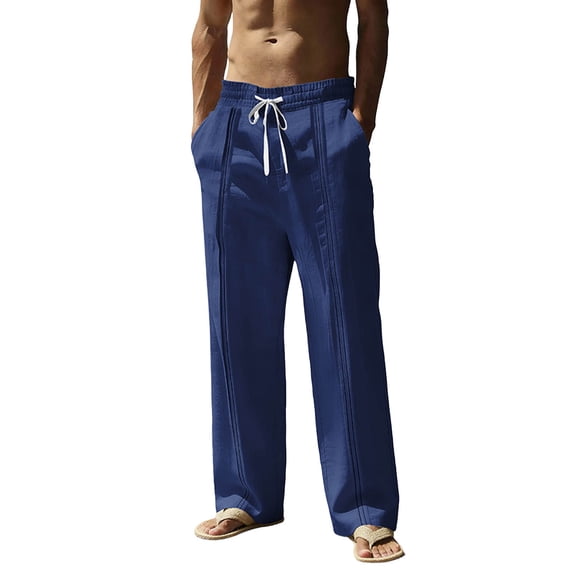 BVnarty Mens Linen Pants Casual Lightweight Solid Color Summer Beach Pants Elastic Waist Drawstring Vacation Trousers with Pockets Navy S