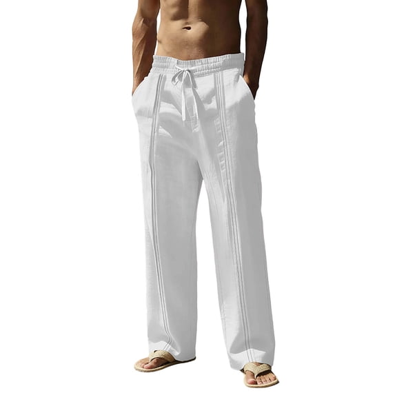 BVnarty Mens Linen Pants Casual Lightweight Solid Color Summer Beach Pants Elastic Waist Drawstring Vacation Trousers with Pockets White XXL