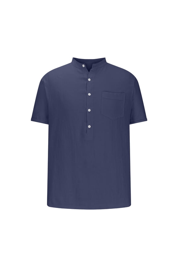 Mens Summer T-Shirt Tops Semi Formal Turndown Shirt with Pocket Buton Slit Neck Solid Color Short Sleeve Shirts Navy S