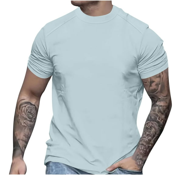 BVnarty Mens Summer T-Shirt Tops Short Sleeve Shirts Solid Color Thin Breathable Loose Fashion Round Neck Light Blue S