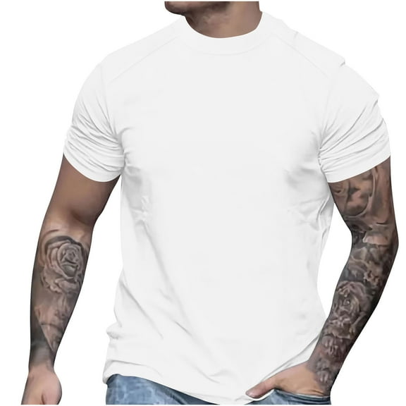 BVnarty Mens Summer T-Shirt Tops Solid Color Round Neck Short Sleeve Shirts Thin Breathable Loose Fashion White L