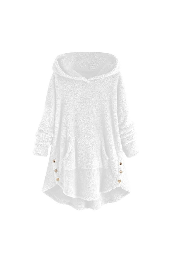 Pullover Long Sleeve Fall Sweatshirts Plus Size Top Women Button Down Plush Outwear Swing Hem Coats Shacket Jacket Hooded Neck Solid Color White S