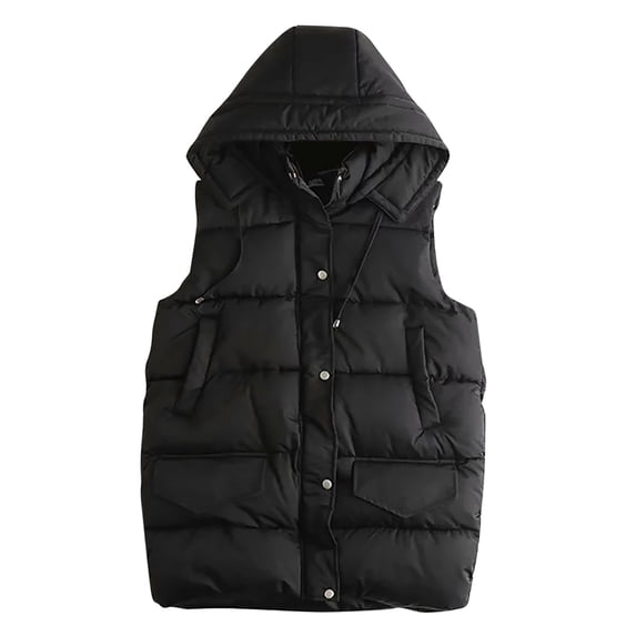 BVnarty Solid Color Shacket Jacket Women Hooded Neck Sleeveless Winter Coats Warm Pocket Zipper Buttons Long Vest Fall Fashion 2023 Women Tops Sueras Mujer Black XL