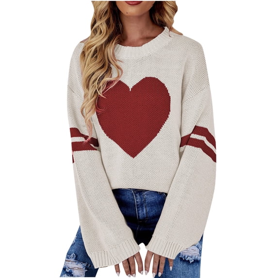 BVnarty Sweaters for Women Oversized Sweaters Knitting Jumper Fashion Loose Casual Soft Fall Winter Pullover Sweater Heart Graphic Long Drop Shoulder Bell Sleeve Crewneck Beige S
