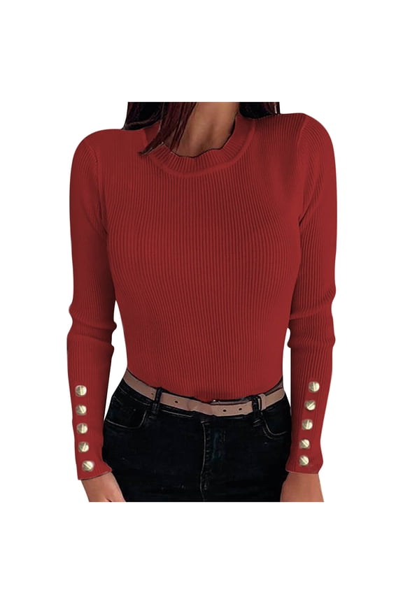 Sweaters for Women Oversized Sweaters Knitting Jumper Crewneck Long Sleeve Solid Color Fashion Loose Buttons Casual Knitted Top Fall Winter Pullover Sweater Red XL