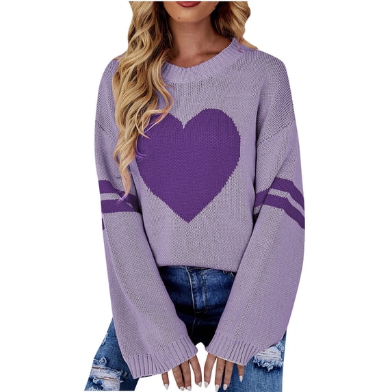 BVnarty Sweaters for Women Oversized Sweaters Knitting Jumper Fashion Loose Casual Soft Fall Winter Pullover Sweater Heart Graphic Long Drop Shoulder Bell Sleeve Crewneck Purple L
