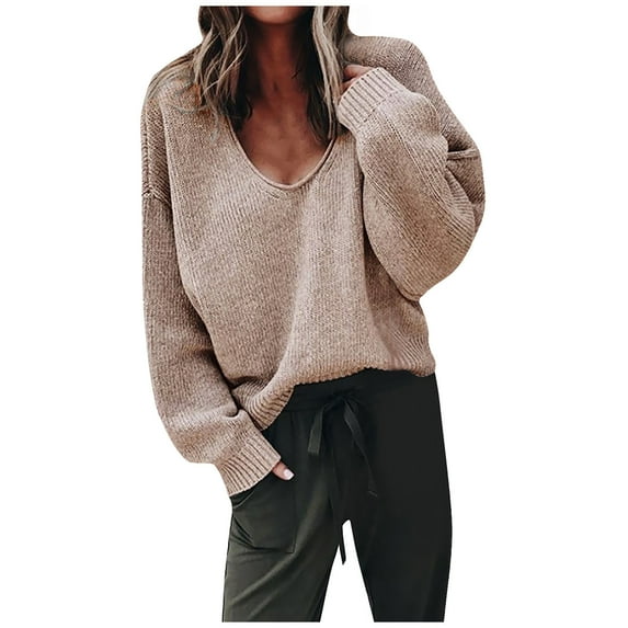 BVnarty Sweaters for Women Solid V-Neck Long Drop Shoulder Sleeve Fashion Loose Casual Soft Top Fall Winter Pullover Sweater Knitting Jumper Oversized Sweaters Khaki M