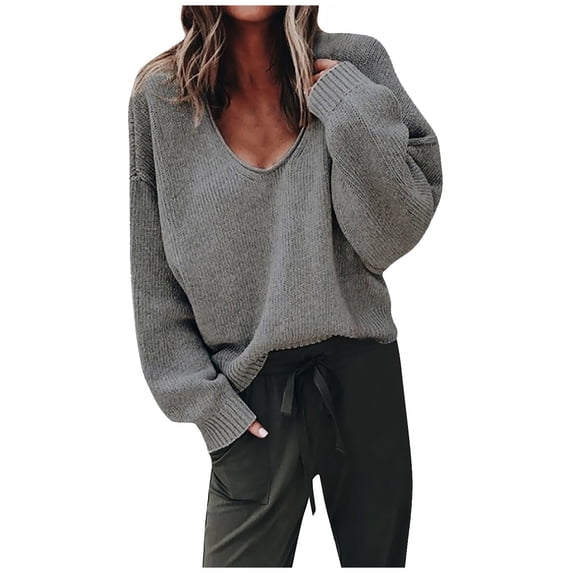 BVnarty Sweaters for Women Solid V-Neck Long Drop Shoulder Sleeve Fashion Loose Casual Soft Top Fall Winter Pullover Sweater Knitting Jumper Oversized Sweaters Dark Gray M