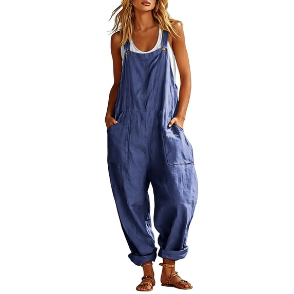 BVnarty Women Adjustable Strap Loose Harem Overalls, Cuffed Pant Hem Equipped With Large Front Patch Pockets for Backyard Gathering Navy L