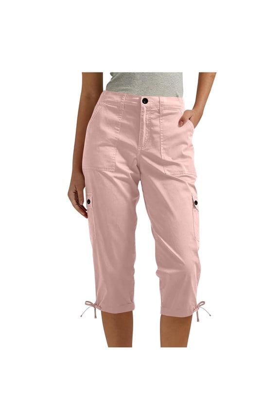 Women Cargo Capris With Drawstring Cuffs Multi Flap Pockets Mid Waist Loose Cut For Suburban Trips And Weekend Outdoor Activities Pink S